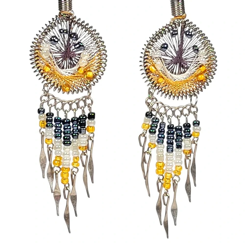 VTG 90s Wire Wrapped String Art Dreamcatcher Earrings Dangle Yellow Black‎ Boho